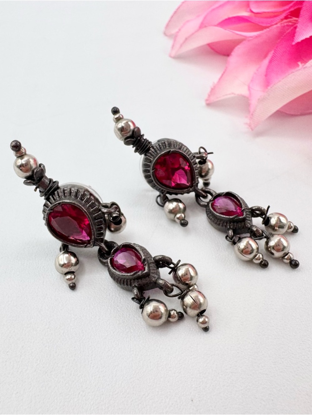 Genuine Ruby Bollywood India Wedding Earrings Bridal Cha Cha Ethnic Boho Bali